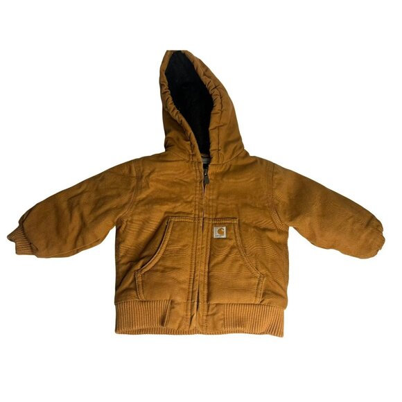 CARHARTT Toddler Full-Zip Hooded Jacket |12M Brown Work Coat Duck Canvas Quilted - Picture 1 of 10